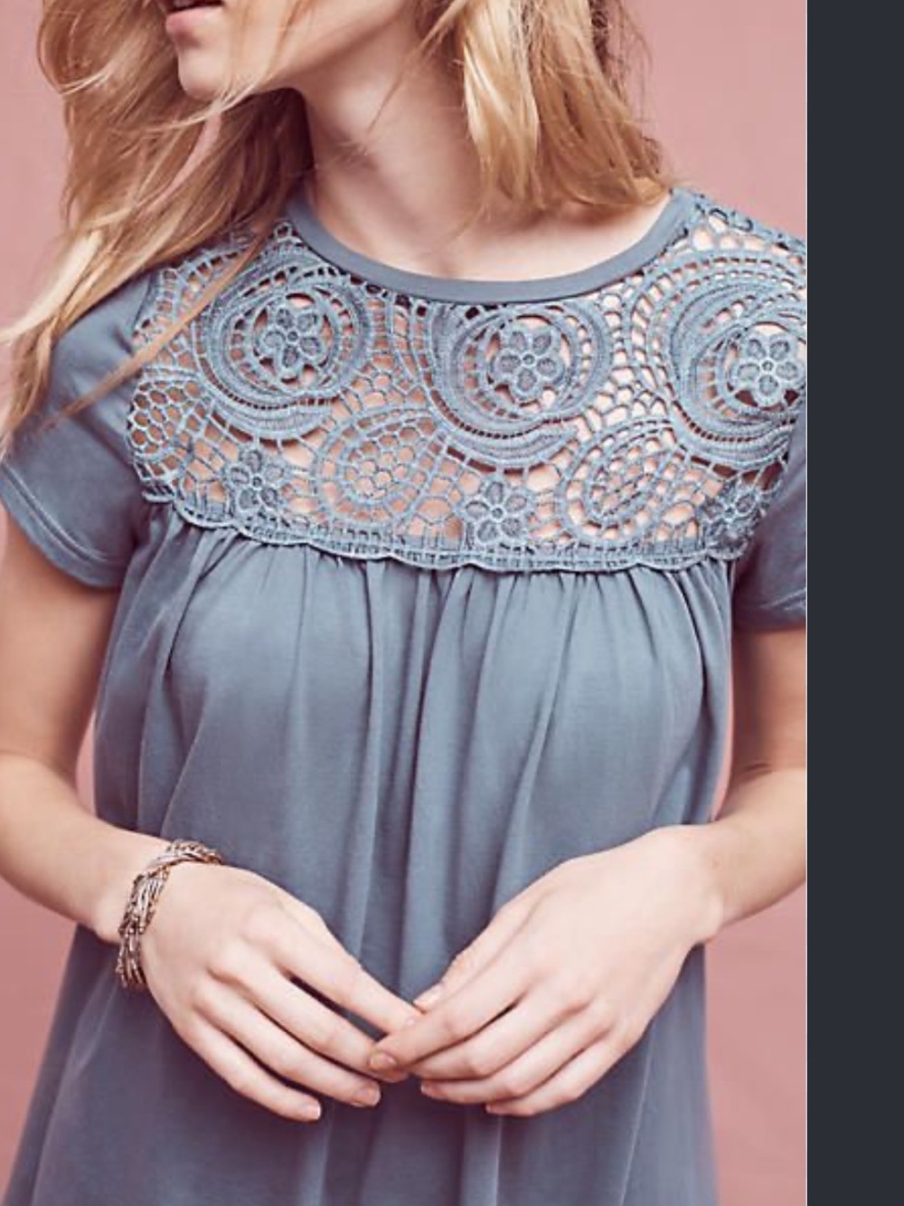 ANTHROPOLOGIE ERI + Ali Teal Lace Neckline Whimsigoth Short Sleeve Blouse